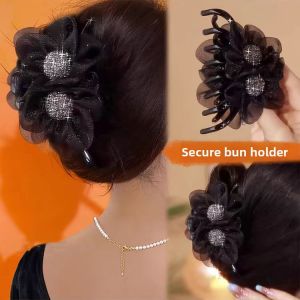 rosci | Elegant Design Thin Hair Clip With Black Rhinestone Flowers Medium