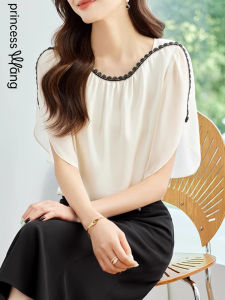 WANGGONGZHU | Elegant Short Sleeve Chiffon Top Womens Summer Thin Lace Trimmed Sleeveless Elegant Top Princess Style Commute Style Straight Cut