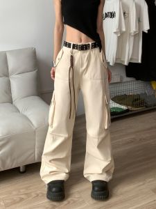 กางเกงขายาวทรงหลวมสไตล์สตรีทสำหรับสาวๆ ทรงหลวมหลายกระเป๋า กางเกงขายาวทรงตรงเอวกลาง สไตล์ทำงาน