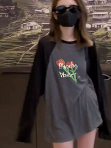 เสื้อยืดแขนยาวผู้หญิงผ้าฝ้ายแท้ทรงหลวมสบายๆ ฤดูร้อน 2025 เสื้อเชิ้ตสไตล์เกาหลีพิมพ์ลายครกตั้ง