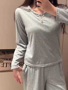 100% Pure Cotton Sleepwear Women Spring Autumn Crew Neck Long Sleeved Pajamas with Padded Ins Style Solid Colors Casual Home Suit Set Can Be Worn Outside