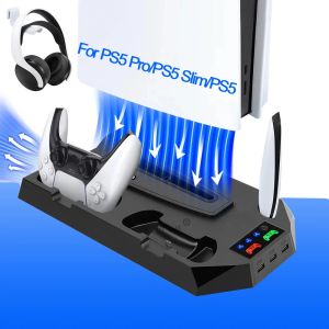 for PS5 Pro /PS5 Slim/PS5 Stand with Headphone Hook Cooling Stand Controller Charging Station for P5 With 3 Levels Cooling Fan