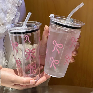 1/2pc 500ml Pink Bow Plastic Cup Transparent Milk Coffee Mug with Straw Travel Outdoor Ins Water Drinking Cup Kitchen Water Cups