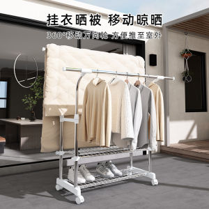 Clothes Hanger Floor For Home Drying Rack Double Rod Movable Hanger Balcony Telescopic Stainless Steel Bold Clothing Rod