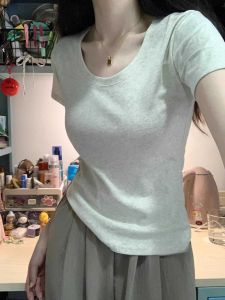 Summer Short Sleeve Pure Cotton U-Neck T-Shirt Womens Design Sensation Slim Fit High Waist Short Style Sweet And Spicy Girl