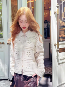 Spring 2025 Womens Loose Knitted Hollow out Hook Flower Cardigan Sweater Outerwear Retro Style Long Sleeve Cotton Blend