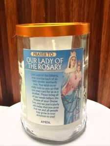 Solo Glass Candle with Prayer to Our Lady of the Rosary Label Orange Lid Religious Devotion Home Decor.