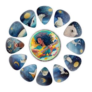 12PCS Unique Colorful Printed ABS Guitar Picks Set with Metal Box Durable Plectrums for Electric & Bass Guitar Accessories Gift