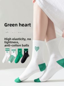 JINGCHI | Tất cotton xanh lá cây dài đến bắp chân cho nữ mùa thu đông thể thao thấm hút mồ hôi chống mùi tất cotton nguyên chất