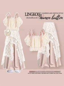 NUMEN BUTTON | French Style Sweetheart Neck T-shirt Lace Skirt Leisure Pants Set