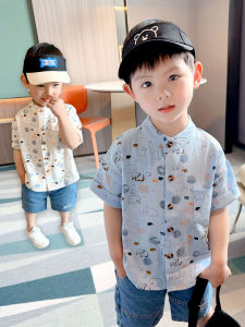 เสื้อเชิ้ตคอตั้งแขนสั้นฤดูร้อนสำหรับเด็กชาย ผ้าฝ้ายลายการ์ตูน ทรงลำลอง เสื้อผ้าเด็กชาย แฟชั่น เสื้อผ้าเด็กชาย คอกลม แขนสั้น ผ้าฝ้าย 100%