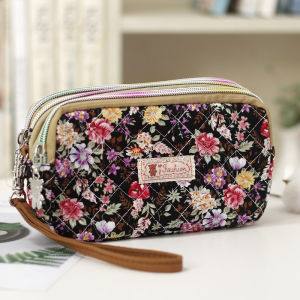 Cotton Fabric Mobile Phone Wallet Handbag Korean Style Womens Elderly Handheld Bag Floral Pattern Long Wallet for Middle-Aged Women
