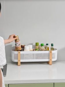 DeskMate Versatile Household Basket Organizer White ABS Real Wood Desk Kitchen Bathroom Storage