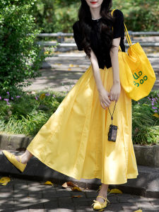 LIRUSHAN | Summer New Stylish Petite Black T-Shirt Yellow Midi Skirt Outfit