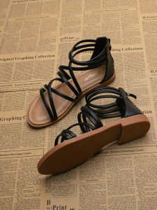 Comfortable Large Size Womens Sandals Flat Bottom Roman Style Cross Band Back Zipper Casual Summer Open Toe Shoes