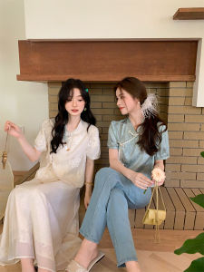 New Chinese Style Short Sleeve Embroidered Shirt Womens Halter Neck Mini Skirt Set Two Pieces Heavy Embroidery Top And Skirt