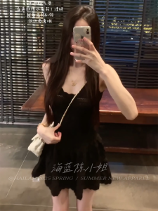 Black Lace Trim Mini Dress Sleeveless High Waist Gentle Style Spring Summer New Korean Version Sweet Short Skirt Dress