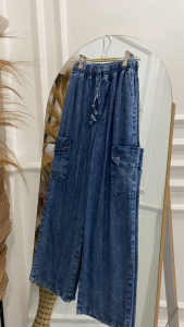 Meltz.id - Celana Kulot Cargo Jeans Snow Panjang Wanita Dewasa Pinggang Karet Tali