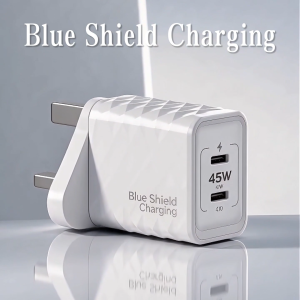 BlueShieldCharging 45W GaN 2‑Port Dual Type‑C Charger UK 3‑Pin Plug PD QC PPS Safe Anti‑Shock