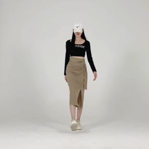 AMMIN 2024 Autumn new Korean style fashion lacing high waist side slit design skirt womens fashion commuter cover hip A-line mid-length elegant skirt
