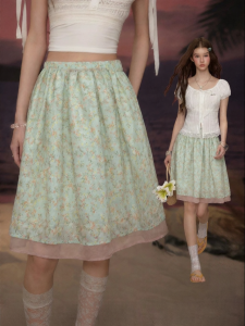 Unifree | Green Flower Print Loose High Waist A-Line Midi Skirt