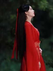 เข็มขัดผ้าชีฟองสีแดงสไตล์โบราณ หางผมผ้าคลุมศีรษะสำหรับเด็กผู้หญิง หางผมผ้าคลุมศีรษะแบบยาว ประดับผมสไตล์ฮันฟู