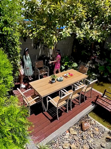 เฟอร์นิเจอร์กลางแจ้ง เฟอร์นิเจอร์สวน โต๊ะอาหารสี่เหลี่ยมอลูมิเนียม 6 ที่นั่ง พร้อมเก้าอี้ ดีไซน์ลุคไม้สัก แข็งแรงทนทาน