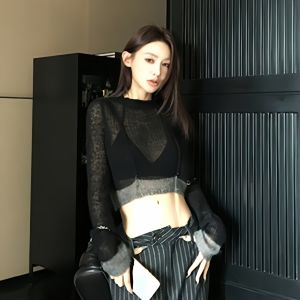 Semi-sheer Splicing Long Sleeve Knit Top High-waist Striped Wide-leg Pants