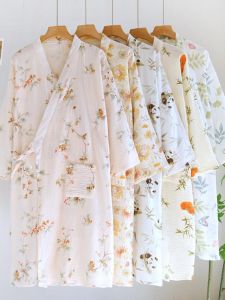 Pure Cotton Double Layer Kimono Style Sleepwear Womens Bathrobe Spring Autumn Japanese Style Cute Pleated Cotton Nightgown