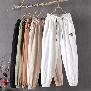 plus Size Womens Cotton Linen Harlan Pants High Waist Slimming Casual Trousers Korean Style Summer Nine Points Jeans