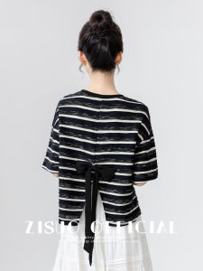 ZISUO | Short Sleeve Tshirt Half Sleeves Split Design Bow Collar Top