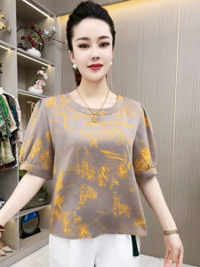 Loose Short Sleeve round Neck Mommy T-Shirt Embroidered Floral Pattern Midlife Women Summer Casual Slimming Style Fashionable