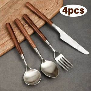 YESPERY 4pcs Stainless Steel Imitation Wooden Handle Cutlery Set Dinnerware Retro Western Tableware Knife Fork Tea Spoon