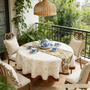 PVC Floral Pattern Tablecloth Bohemian Geometric Tablecloth Waterproof Oil Resistant Round Tablecloth