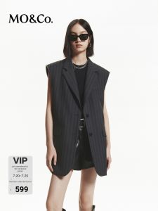 MO&Co. | Fine Wool Woven Tailored Wide Shoulder Padded Vest Black and Gray Stripes