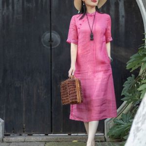 Elegant Embroidered Summer Midi Dress Womens Loose Fit Qipao Dress Chinese Style Cotton Linen Material Slimming Tailored Piece