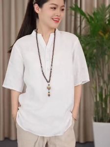 Áo Thun Ngắn Tay Vải Lanh Thoáng Khí Cho Nam Phong Cách Mùa Hè Mới Trung Quốc Dáng Rộng Mỏng Hàng Đầu Áo Thun Cổ Chữ V Thời Trang Thành Phố