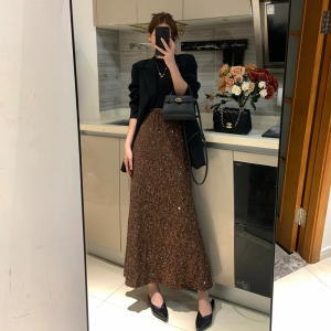 Elegant Sequin Fish Tail Half Skirt Womens High Waist Slimming Versatile Wrap around a Line Long Skirt Korean Style Commute