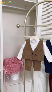 Set gile 3 chi tiết vải nhung tăm hãng Beemo cho bé trai 8-24kg mặc Tết Set vest đi tiệc bé trai