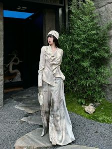 Evan Billion Dyed Asymmetrical Satin Shirt with Pleated High Waist Wide Leg Pants Vintage Style Womens Fashion