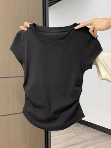 Áo Thun Nữ Tay Ngắn Cổ Tròn Màu Xám Đậm Dáng Ôm Vừa Vặn Mùa Hè Có Chi Tiết Xếp Ly Bên Hông Áo Thun Thường Ngày Phong Cách Hàn Quốc