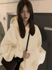 Casual Oversized Hoodie Jacket Womens Winter Thickened Fleece Lined Basic Black Sweatshirt Korean Style Long Sleeve Print Design