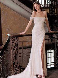 off-Shoulder Evening Dress for Women Fancy Sequin Mermaid Dress Light Luxury Minority Classy Banquet Temperament Engagement Light Wedding Dress