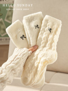 Thickened Mid-calf Plush Socks Womens Sleepwear Winter Home Warm Cotton Fox Fur Knot Design Cute Cozy Winter Season Socks