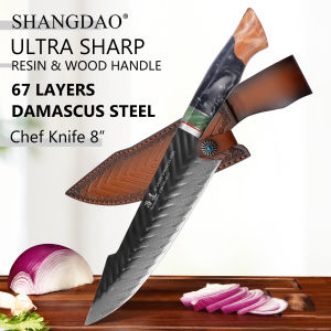 SHANGDAO Professional 67 Layers Damascus Steel Chef Knife 8" Kitchen Knives with Leather Sheath Hand Forged Resin & Wood Handle