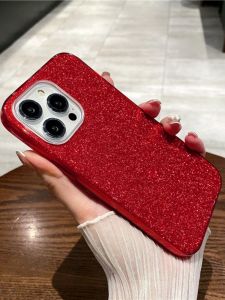 Fingerprint Resistant Glitter Red Phone Case for iPhone 15 Simple Design Protective Anti-Fall Acrylic Shell Suitable for Women