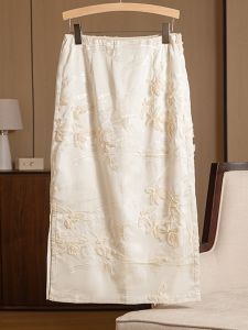 Elegant High-Waisted Midi Skirt with Embroidery Heavy Work in Beige for Women Summer New Fashion Straight Cut A-Line Skirt