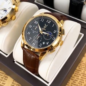 นาฬิกาแบรนแท้2024 นาฬิกากันน้ำ นาฬิกาผู้ชายสายหนัง น้ำตาล แฟชั่น หนังแท้ มัลติฟังก์ชั่น watch men นาฬิกาแบรนแท้