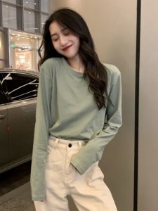 เสื้อยืดคอกลมแขนยาวทรงหลวมผ้าฝ้ายแท้สำหรับผู้หญิง ฤดูใบไม้ผลิ ฤดูใบไม้ร่วง ฤดูหนาว สีขาว แฟชั่นฤดูใบไม้ร่วง