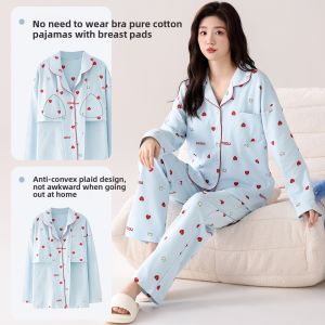 Miiow | Pure Cotton Sleepwear Womens Long Sleeve Autumn New Style With Chest Pad Breathable Soft Can Wear Outdoor Home Clothes Female